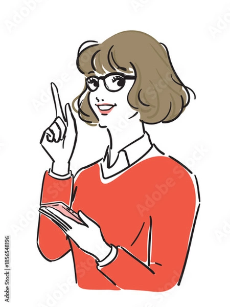 Obraz ウエーブヘアでメガネ赤いセーターの女性