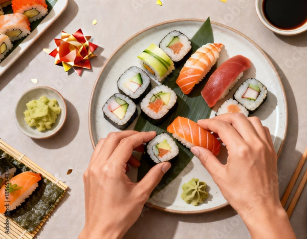 Obraz Hands Preparing Sushi In Elegant Festive Flat Lay