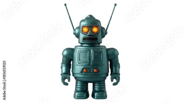 Obraz Isolated retro toy robot figurine with antennas, futuristic sci-fi character, childhood nostalgia