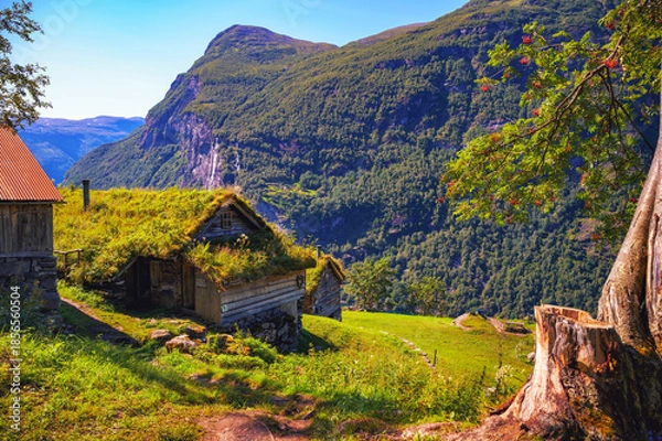 Fototapeta Historic Skagefla farm on a steep mountainside above Geirangerfjord in Norway.