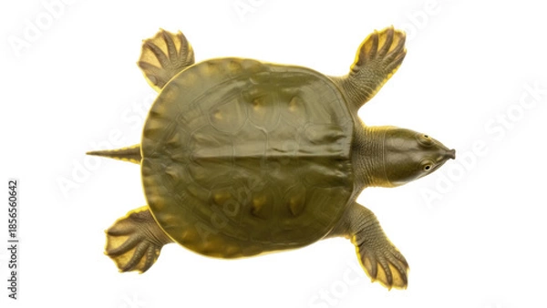 Obraz Isolated softshell turtle on back displaying smooth shell and pointed snout in studio shot
