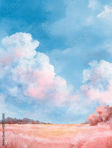Obraz 初夏の空と雲と野原の水彩調イラスト