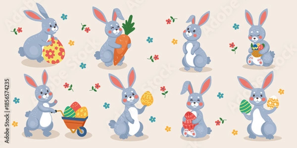 Obraz Easter bunny. Rabbit with egg. Baby play. Bunny in form of chick. Cartoon isolated element. Holiday spring template. Doodle flowers background. Playful spring celebration. Vector kids tidy design set