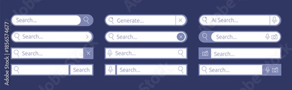Obraz Interface button. Search information field in browser. Web navigation bar. Internet template. Network icon for website. Technology digital panel. Online form box. UI elements set. Vector garish layout