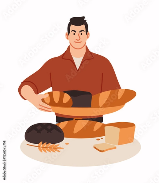 Obraz Man holding bread. Bakery assortment, fresh loaves, sliced toast pieces and wheat baguette, product presentation. Handmade food, gourmet pastry. Happy chef or seller. Vector isolated illustration