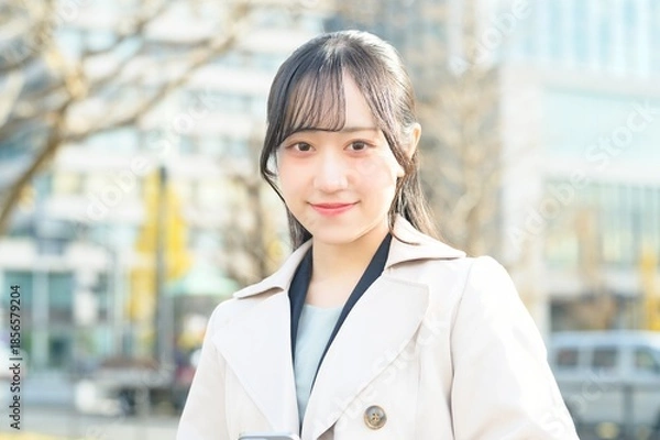 Fototapeta オフィス街でスマホを使用する20代のビジネスウーマン