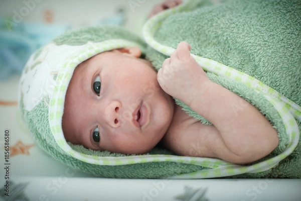 Fototapeta A newborn baby lays on a soft surface, wrapped in a green towel. The baby looks at the camera with curious eyes. The background shows soft colors and designs.