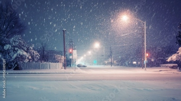 Obraz Nighttime Winter Cityscape with Snow Gently Falling (Different Angle)
