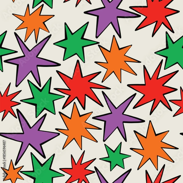 Obraz Seamless Pop Art Comic Star Pattern with Funky Hand Drawn Doodles