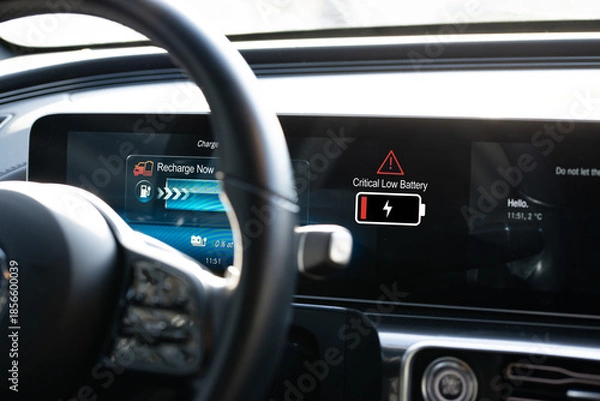 Obraz Electric vehicle range anxiety concept with low battery indicator on car dashboard