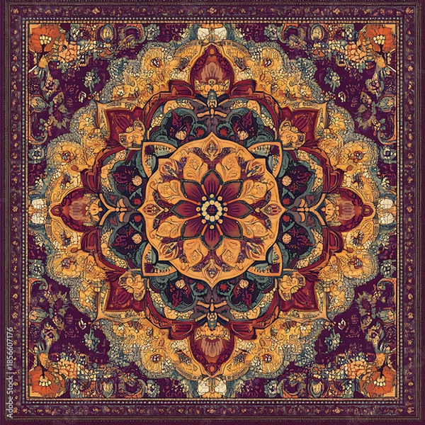 Obraz Tile or carpet pattern background with decorative, symmetrical elements. Ideal for wallpaper, textiles, or digital design projects.