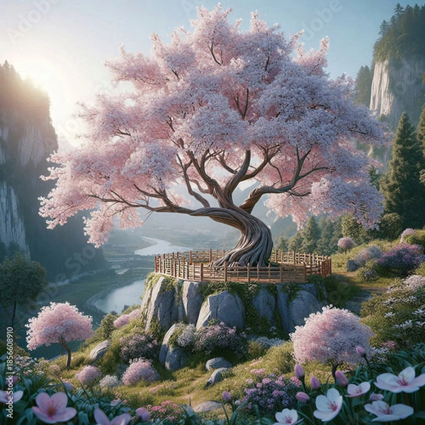 Obraz 絶壁の展望台に咲き誇る孤高の巨大桜と渓谷の絶景