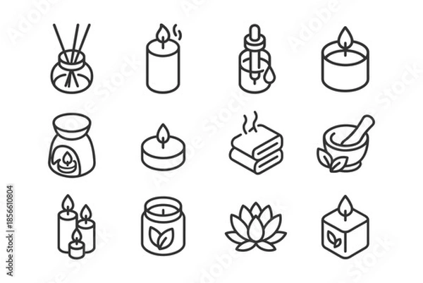 Obraz Aromatherapy and wellness icons featuring candles, diffusers, and spa elements.