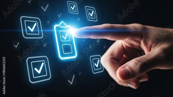 Obraz Close-up of a person's hand selecting a digital checklist icon on a futuristic touchscreen interface with multiple checkmarks and digital elements for task management or technology concept