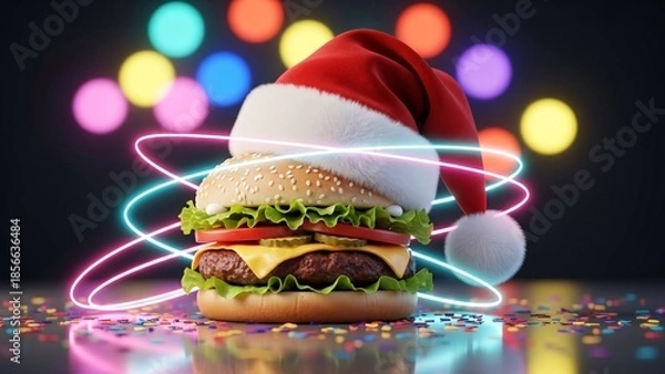 Obraz Festive Burger with Santa Hat and Colorful Lights.