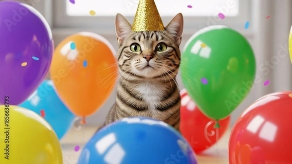 Obraz Playful Party Cat Surrounded by Colorful Balloons.