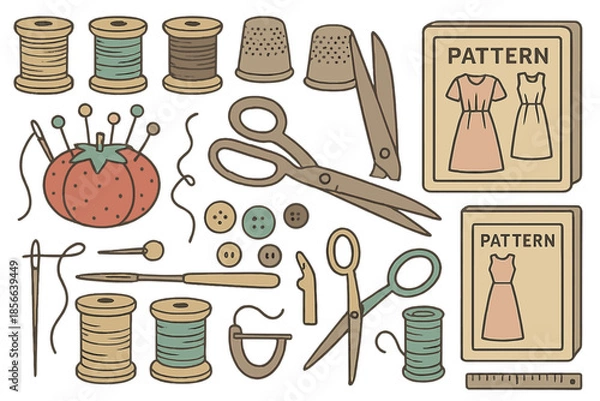 Obraz Supplies and tools for sewing projects with patterns and threads on a white background