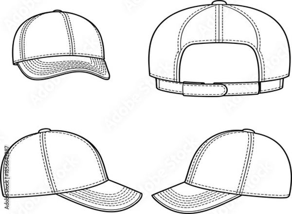 Obraz Professional Baseball Cap Technical Sketch Set: Featuring Front Side and Back View Apparel Design Templates