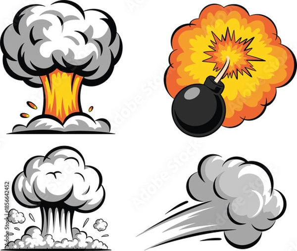 Obraz Colorful Action Comic Explosion Vector Set: Featuring Mushroom Clouds and Bomb Blast Graphic Design Elements