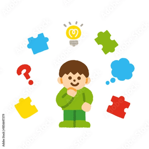 Obraz 考える 男の子 アイデア アイコン パズル 手描き パステル