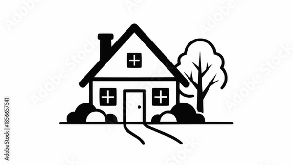 Obraz Simple Illustration of a House with a Tree and Bushes.