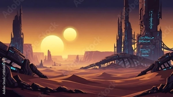 Obraz 황량한 미래 도시, 석양 아래 신비롭게 빛나다