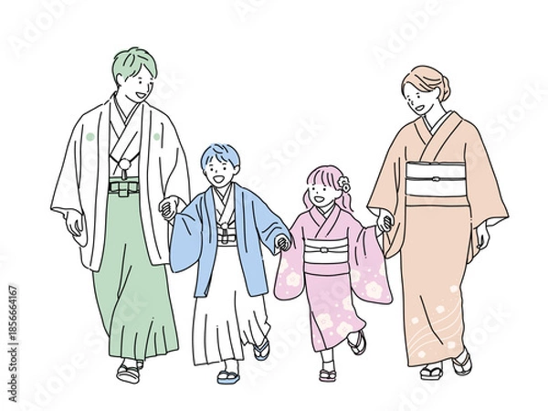 Fototapeta 和装で手をつないで歩く家族の線画イラスト｜七五三・お正月・親子　パステルカラー