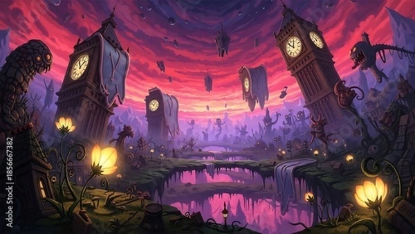 Fototapeta 기묘한 시계탑 풍경, 몽환적으로 빛나다