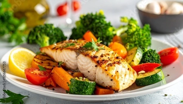 Obraz Gegrilles Fischfelt mit buntem Gemüse