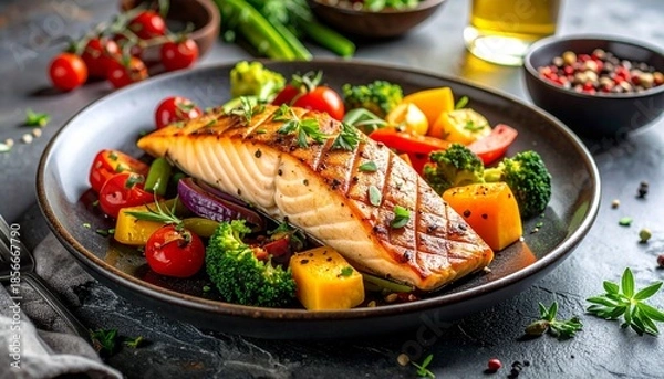 Obraz Gegrilles Fischfelt mit buntem Gemüse