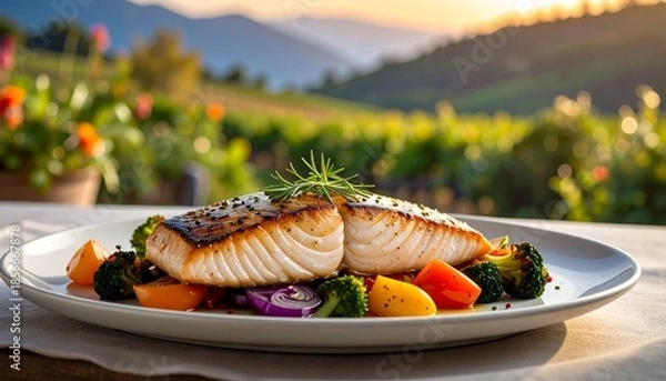 Obraz Gegrilles Fischfelt mit buntem Gemüse