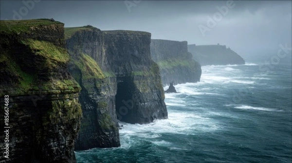 Obraz Dramatic Cliffs Crashing Waves Along Rugged Green Coastline