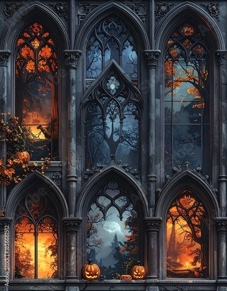 Obraz Gothic architecture featuring autumn views through arched windows