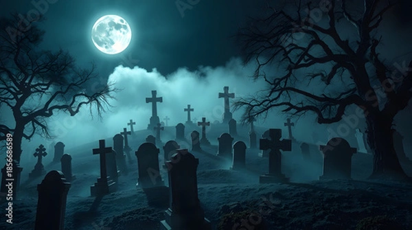 Obraz Eerie Gothic Cemetery Under Moonlight