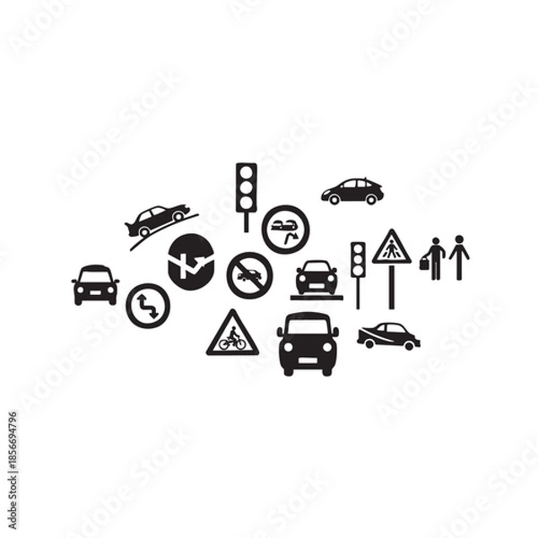 Obraz Black vector icons of traffic signs and cars for road safety or transportation design, Isolated on transparent background, png