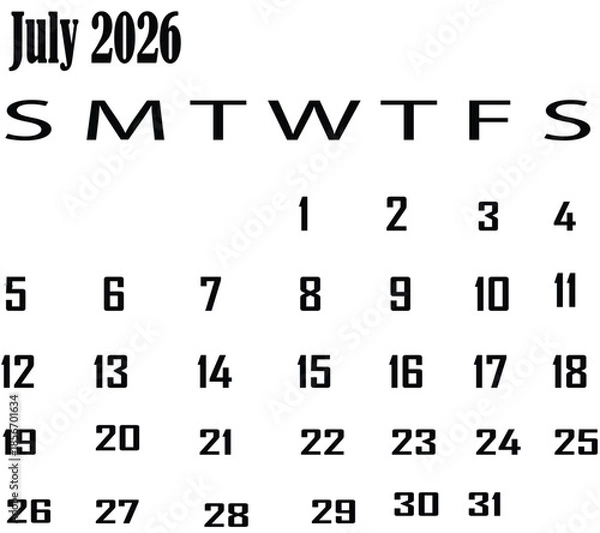 Obraz July 2026 Calendar