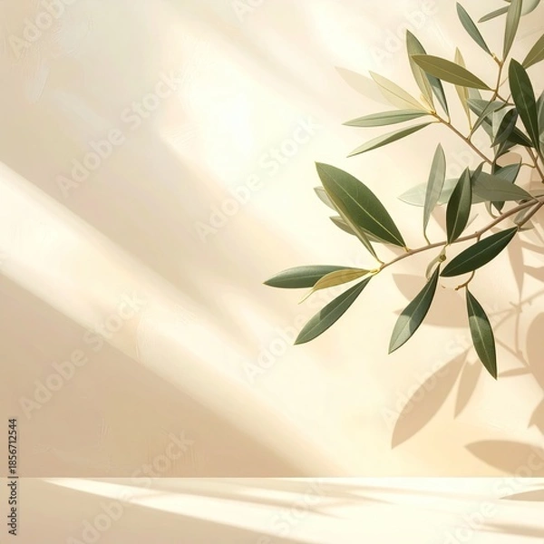 Obraz Soft beige background with olive branches and sunbeams