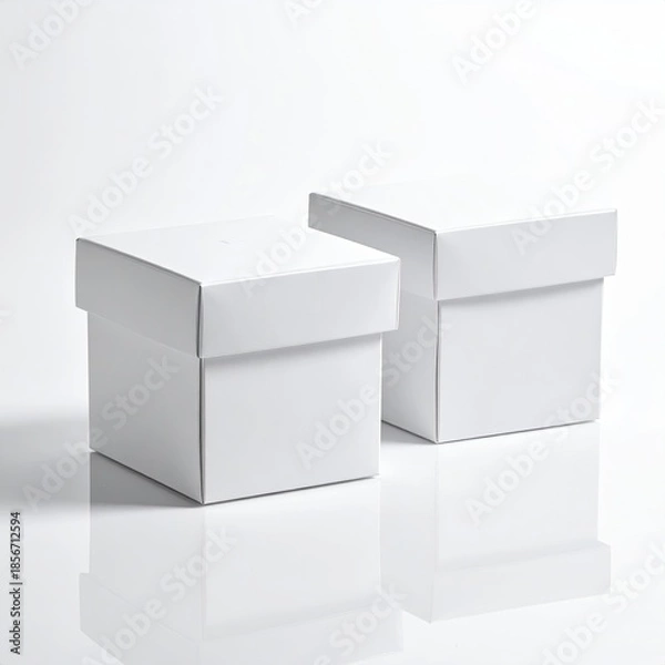 Obraz Two identical, square, white cardboard boxes with lids
