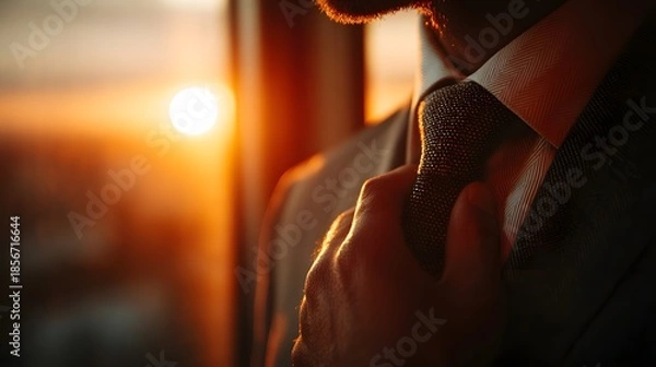 Obraz Close-Up of a Businessman Adjusting His Tie During Golden Sunrise