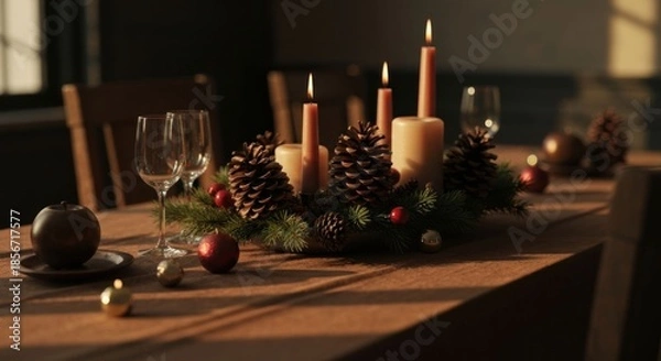 Obraz Sunlit table setting with candles, pine cones, and ornaments