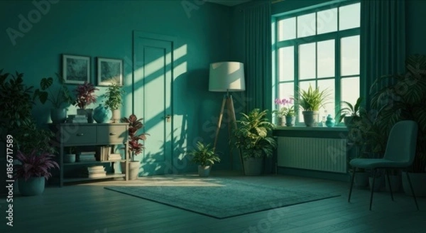 Obraz Sunlit teal room with abundant plants, a rug, chair, and sideboard; peaceful interior design