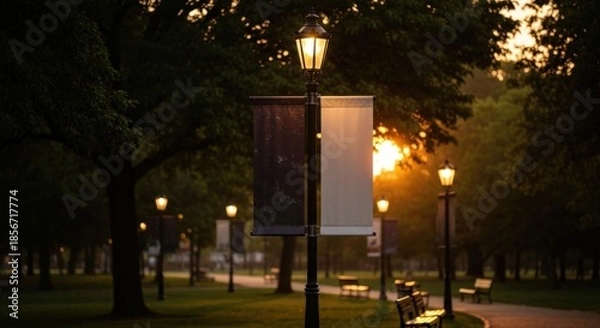 Fototapeta Sunset illuminates park path; lampposts with banners, benches, and trees