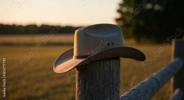 Obraz Tan cowboy hat rests on weathered wooden fence post at sunset, overlooking a grassy field