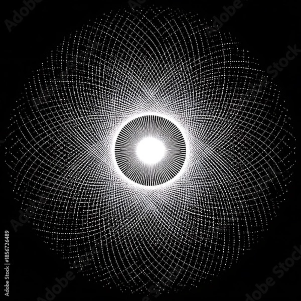 Obraz Radial pattern with emanating light. Thin white lines converge into a bright central point against a solid black background