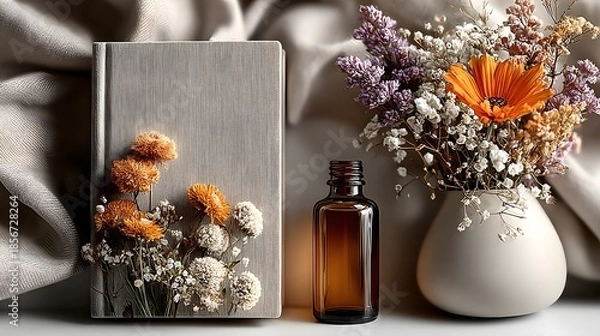 Fototapeta Flat Lay of Blank Open Book with Flowers