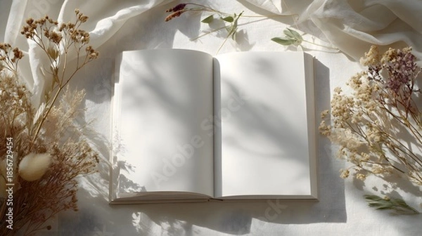 Obraz Flat Lay of Blank Open Book with Flowers