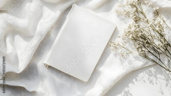 Fototapeta Flat Lay of Blank Open Book with Flowers
