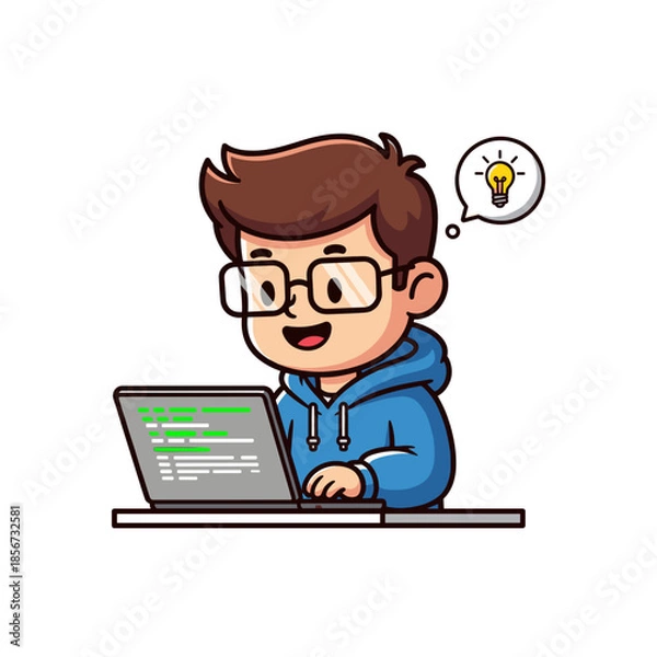 Obraz Cartoon boy using laptop with thought bubble.