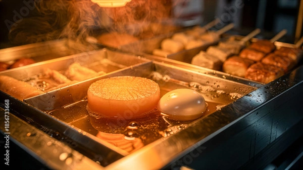 Obraz 湯気が立ち上る温かいおでんの大根と卵のクローズアップ