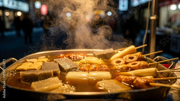 Obraz 冬の夜の屋台で湯気を立てて煮込まれる温かいおでん鍋